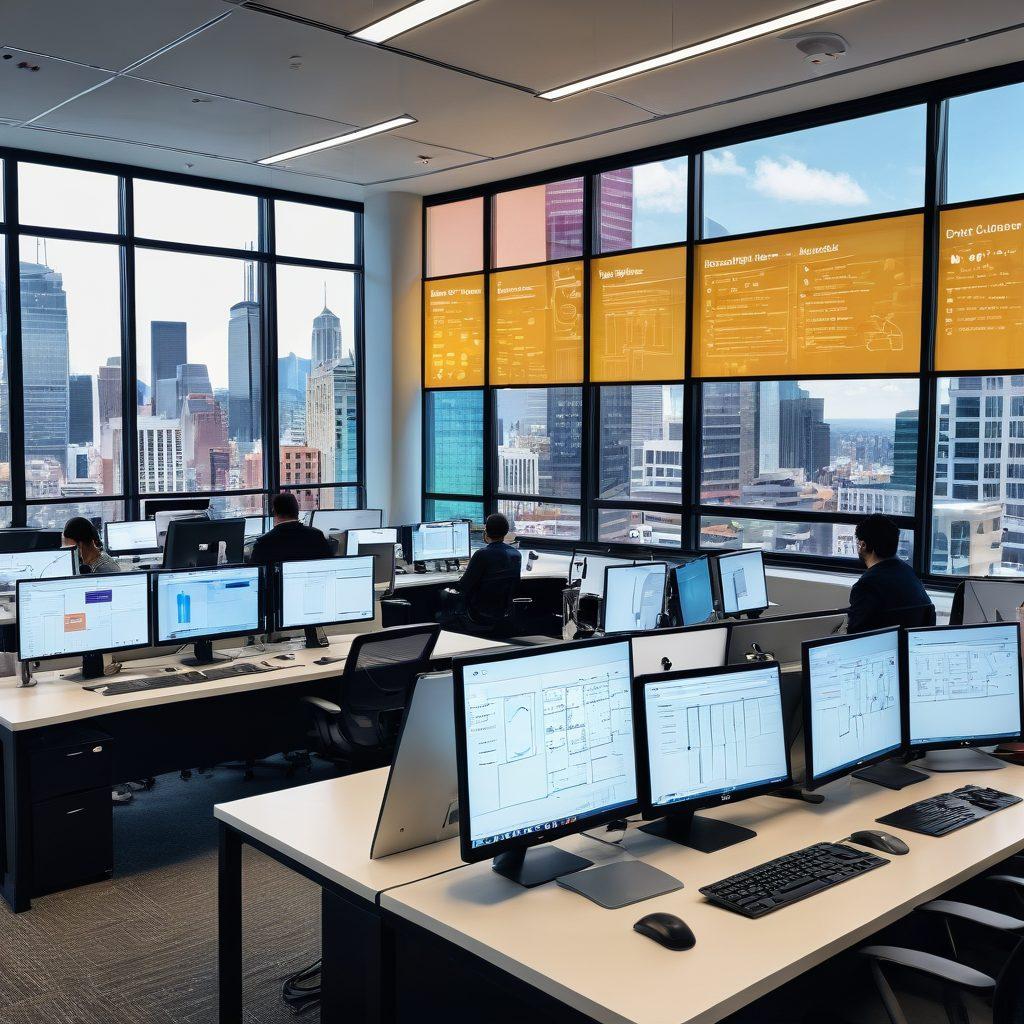 A bustling modern office with diverse teams collaborating on sleek desktops, innovative wireframes on large screens, and vibrant sticky notes filling glass boards. The cityscape outside the windows symbolizes growth and connectivity. The vibrant, professional setting illustrates the synergy of web solutions driving business success. super-realistic. vibrant colors.