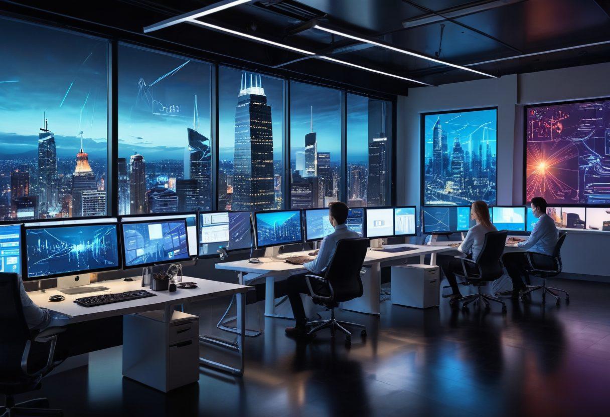 An innovative office workspace with diverse professionals collaborating on sleek laptops and tablets, glowing screens displaying futuristic web designs and IT infrastructures. The office has modern decor and a large window with a cityscape view, symbolizing business growth and efficiency. Include elements like graphs, charts, and network diagrams subtly integrated into the scene to represent comprehensive web solutions. super-realistic. vibrant colors. high-tech atmosphere.